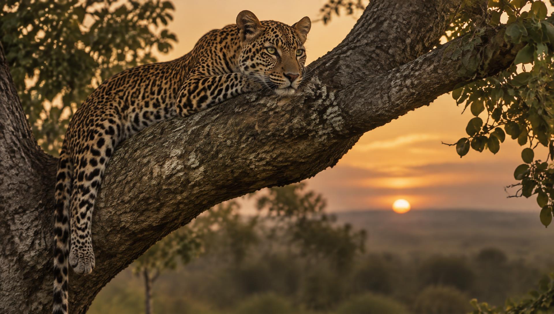 Leopard resting in a tree at dusk